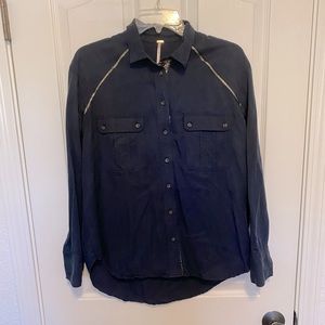 Free People Navy with Glitter Silver Accents Button Down collared shirt